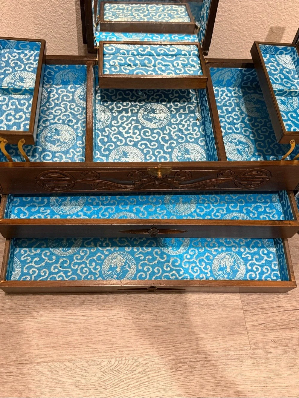 Decorative Blue Fabric-Lined Jewelry Box with Mirror - Brand Unspecified